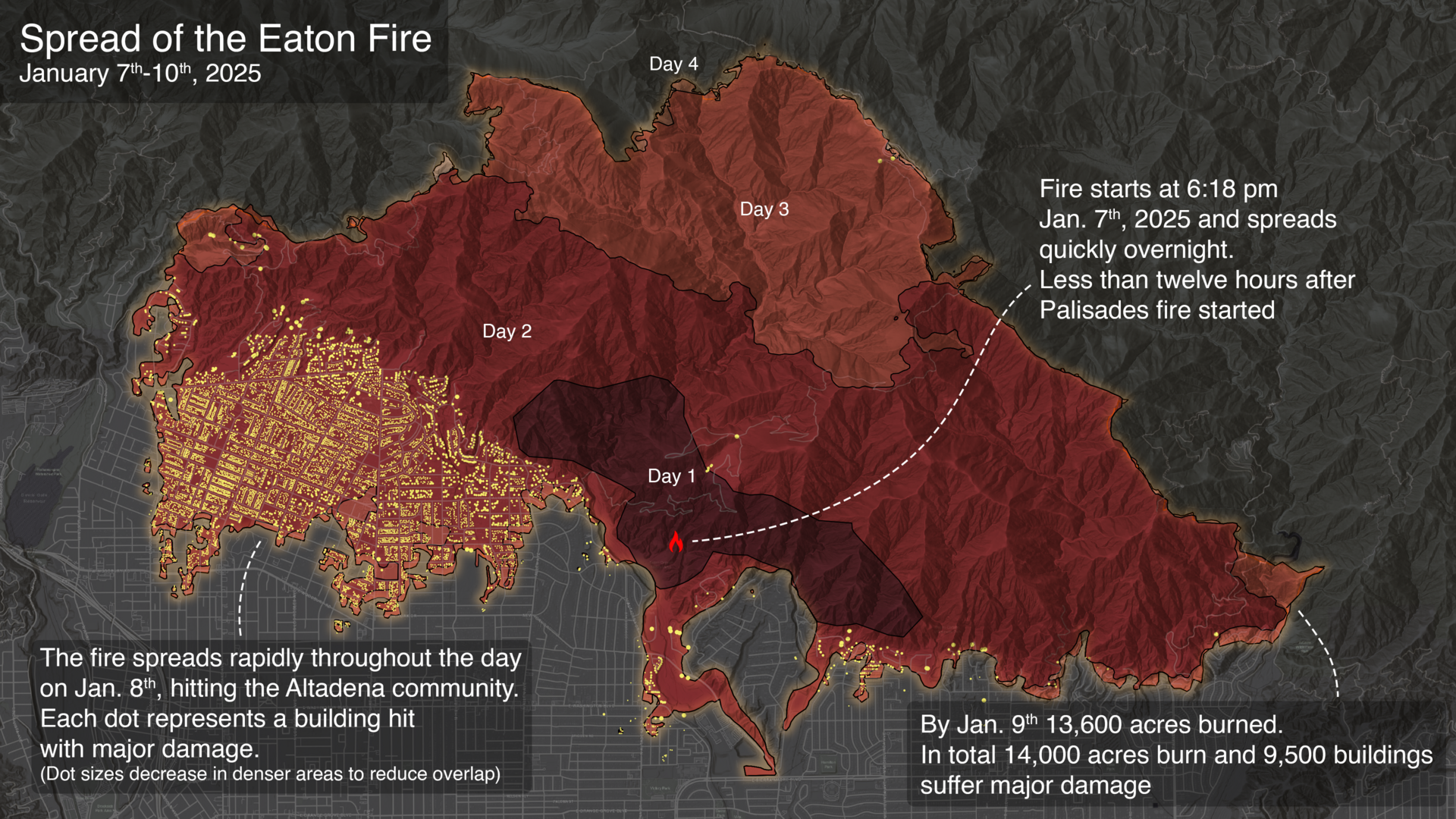 Infographic showing the spread of the Eaton fire and affected buildings. Courtesy NASA's Scientific Visualization Studio - Navteca, LLC./Zoey N. Armstrong