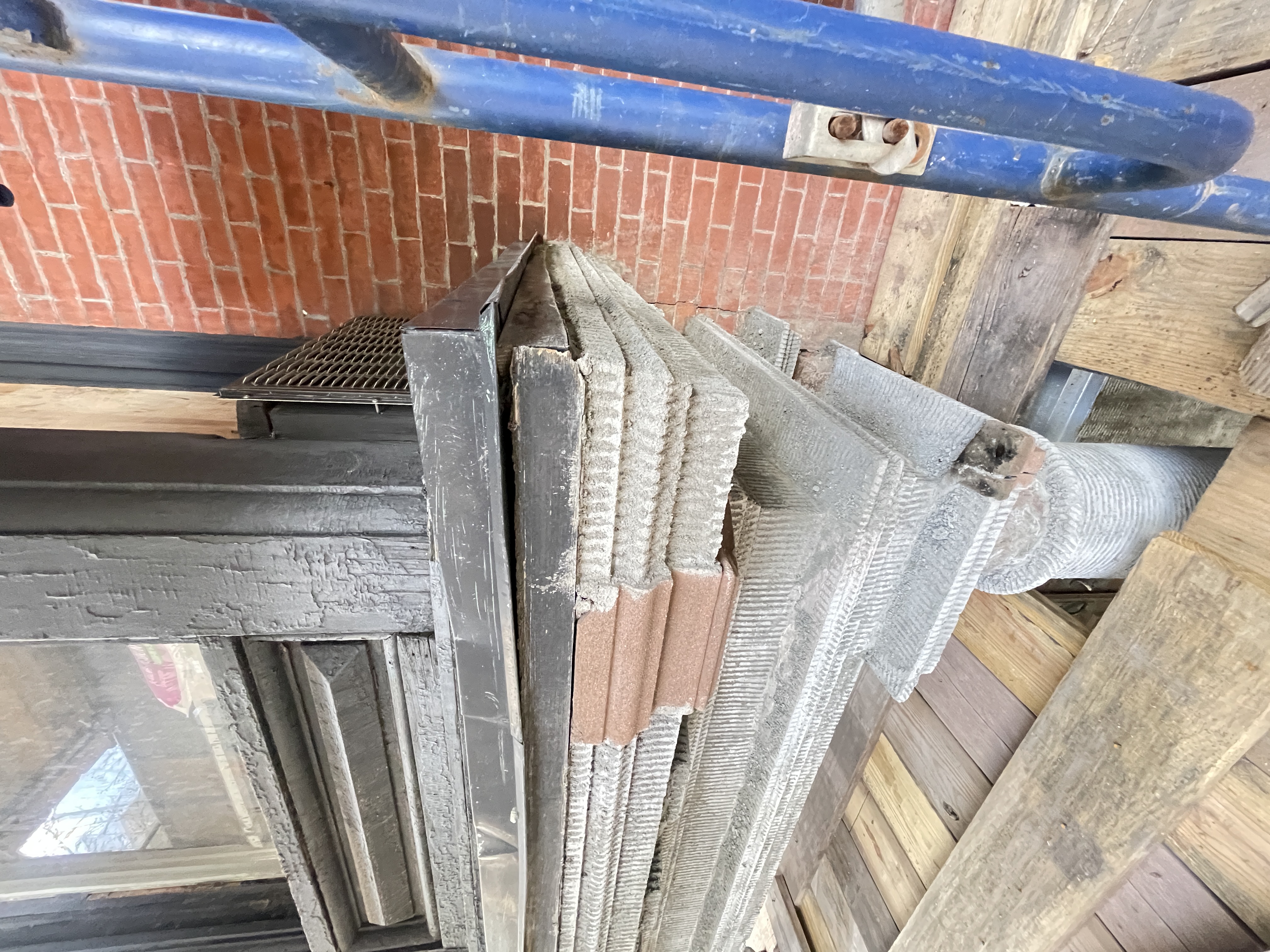 Close-up of a decayed cornice bracket